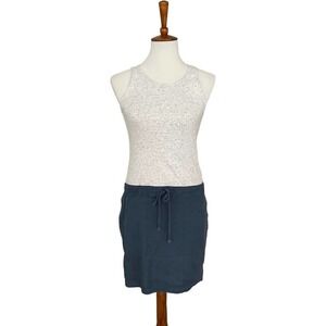 🍀Monrow Grey & Blue Ribbed Contrast Drawstring Waist Linen Tank Dress Size XS